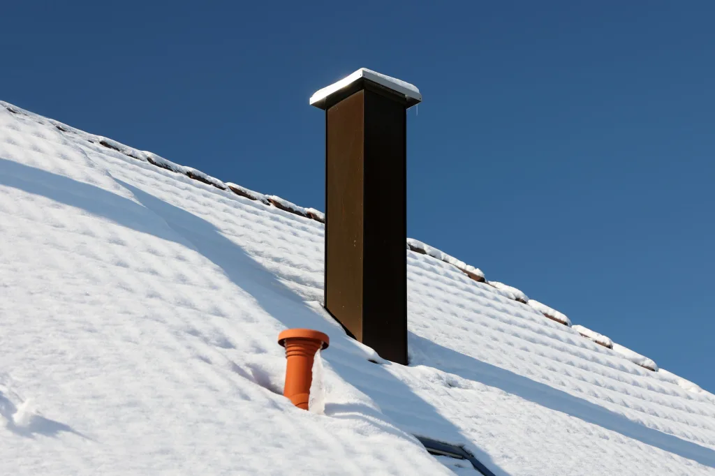 Beautiful view of a roof with a chimney covered with snow in winter